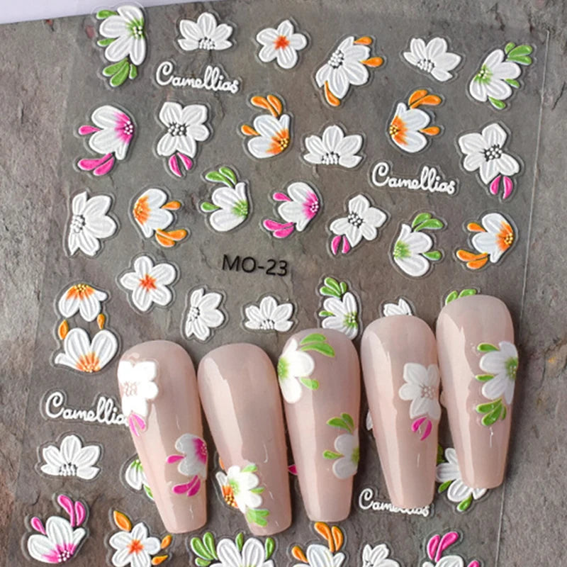 5d Embossed Nail Art Stickers Golden Lines Semi-Transparent Purple Blue Flowers Decals Decorations For Nail Tips Manicures