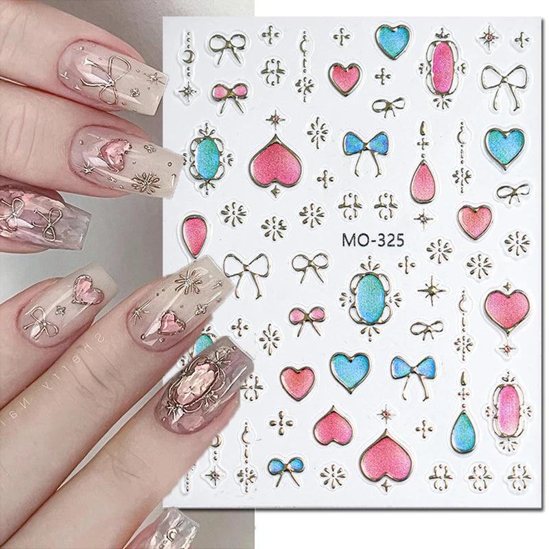 5d Embossed Nail Art Stickers Golden Lines Semi-Transparent Purple Blue Flowers Decals Decorations For Nail Tips Manicures