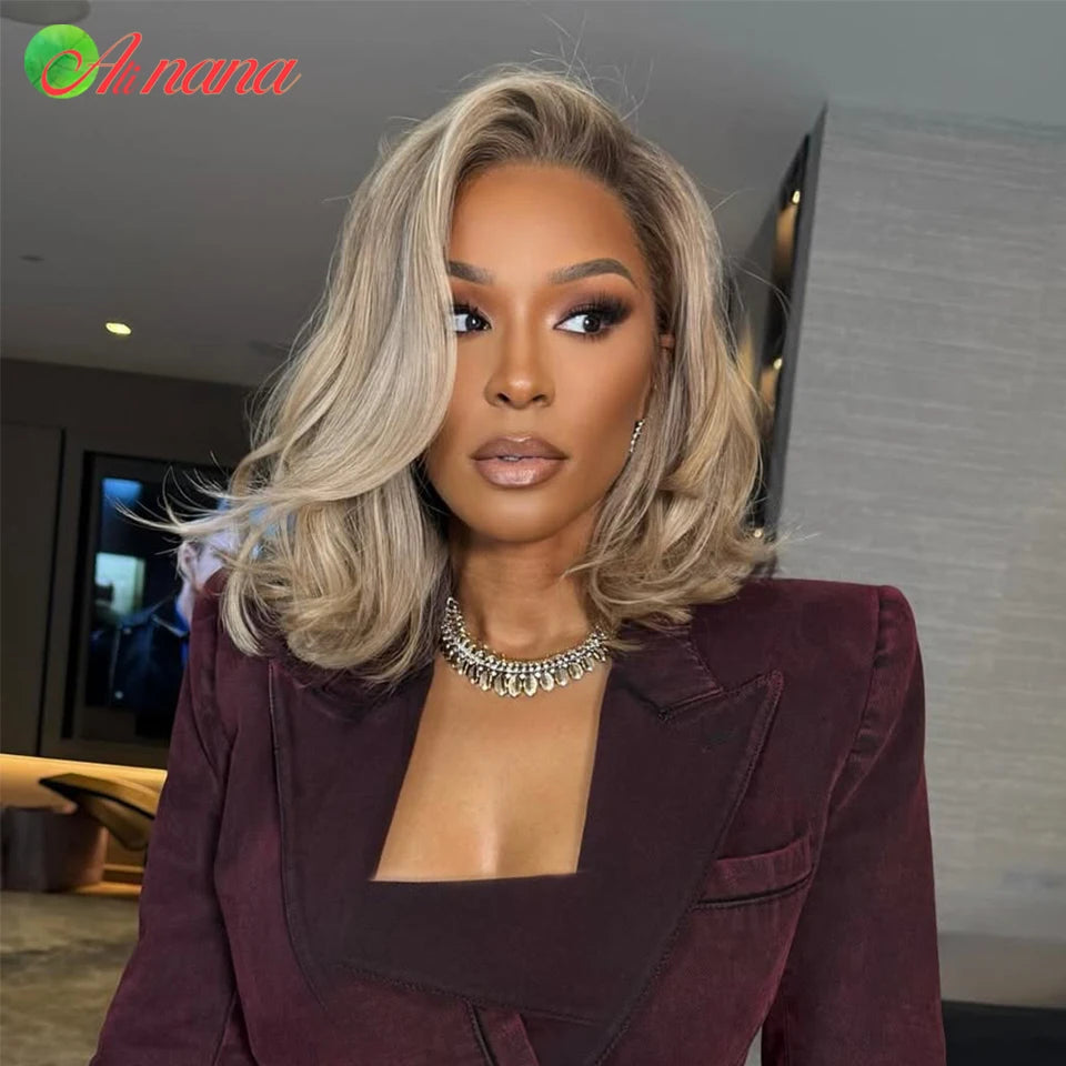 Ash Blonde Colored 13x4 Lace Frontal Wigs Ombre Short Bob Wig 180% Density Wavy Human Hair Wigs For Women Body Wave Hairstyle