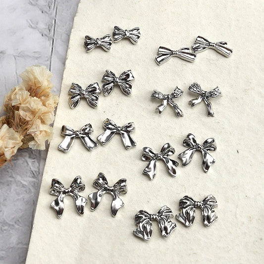 10 pcs Silver Alloy Ribbon Butterfly Nail Art Charm 3D Metal Bowtie Nails Art Decoration Jewelry Manicure Accessories Supplies