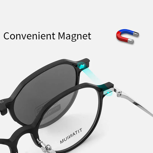 MOMOJA Fashion TR90 Polarized Magnetic Clip-on Glasses Retro Round Optical Prescription Eyeglasses Frames for Men and Women 8507