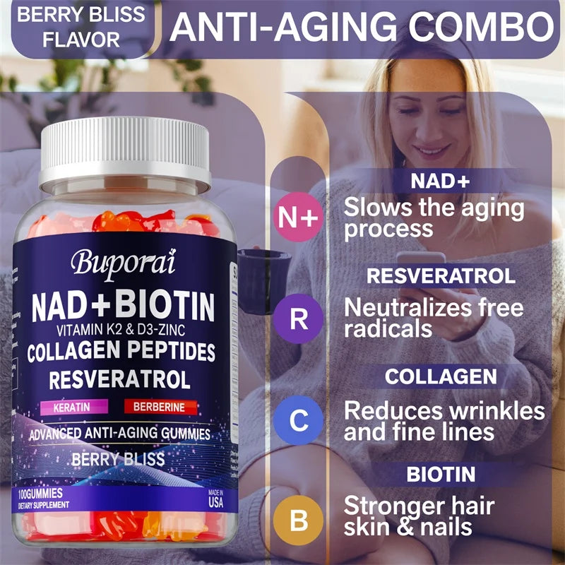 NAD+, Resveratrol, Berberine, & Biotin Anti-Aging Gummies - Detoxifies, Boosts Energy, Promotes Cell and Skin Health