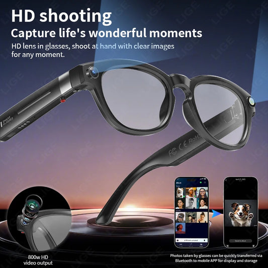 LIGE Smart Glasses 800W 4K HD Camera Sunglasses Video Recorder AI Voice Bluetooth Call Outdoor Photochromic Lenses For Man Women