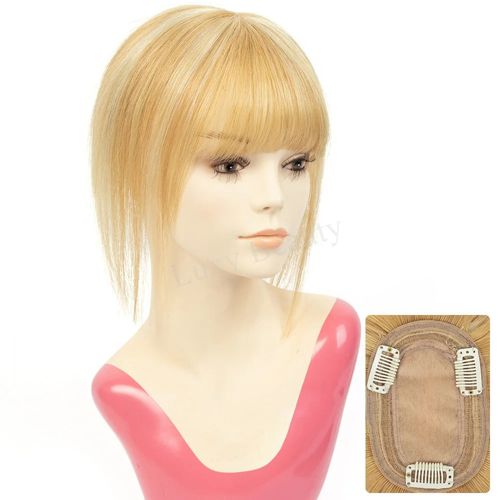 Natural Brown Human Hair Topper With Bangs Women 8X12cm Black Highlights Blonde Skin Scalp Clip in Topper Hair Pieces Human Hair