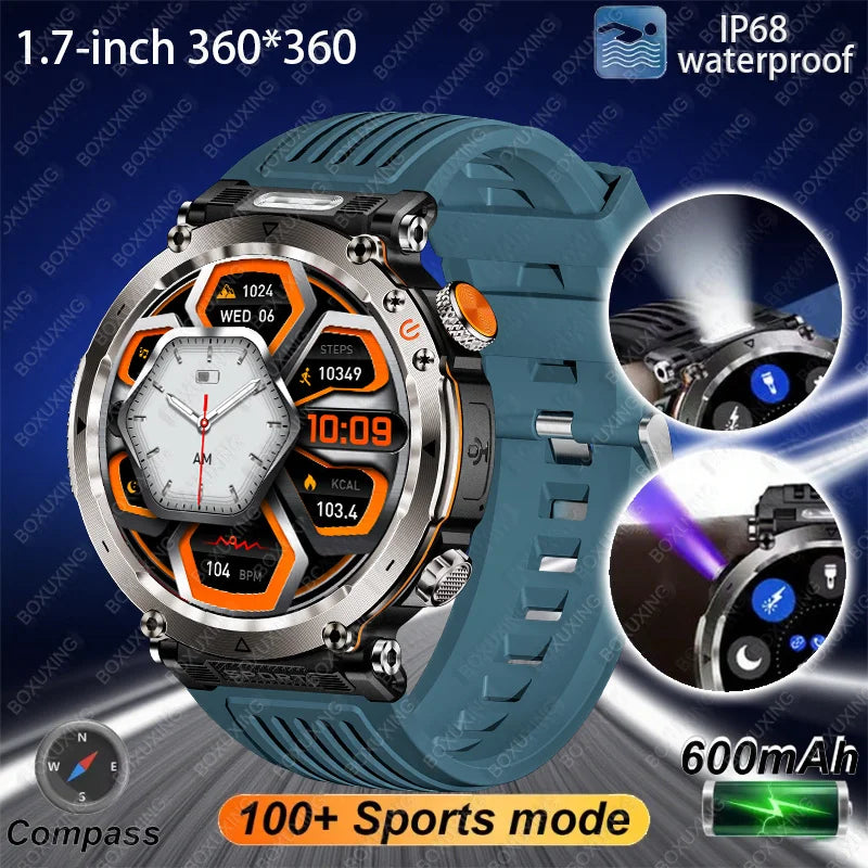 2025 New Outdoor Smart Watch Men 600mAh LED Flashlight SmartWatch Compass Bluetooth call Heart rate IP 68 Sports Smartwatch 2025