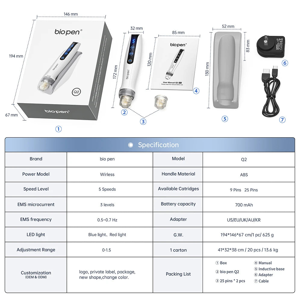 Bio Pen Q2 EMS Microneedling Beauty Device 9pins 14pins 25pins Titanium Derma Pen Needle Cartridge For Skin Care & Hair Growth