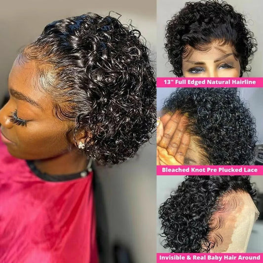 Short Pixie Cut Wigs 13x1 Lace Curly Pixie Human Hair Wigs Brazilian Human Hair 180% Density Curly Cut Bob Wigs 100% Human Hair