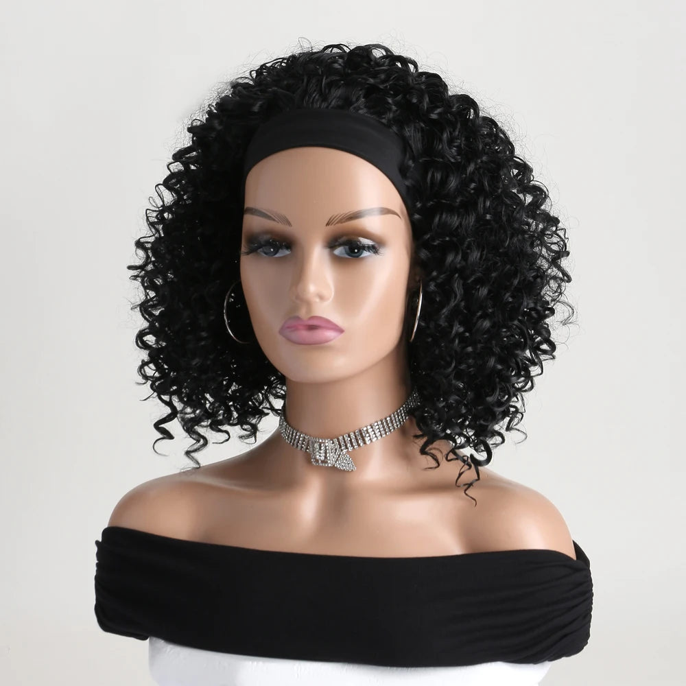 Short Straight Headband Synthetic Natural Kinky Curly Black Wigs for Black Women Daily Party Use Heat Resistant Fake Hair 