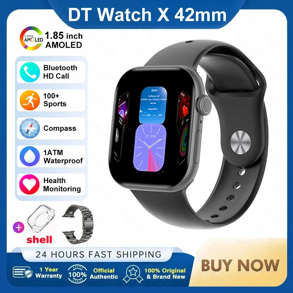 New DT Watch X Mini Smartwatch 3D Menu Video AI Voice NFC 4GB Lang Memory Compass 1.85 Inch AMOLED Super Fast Charge Smartwatch