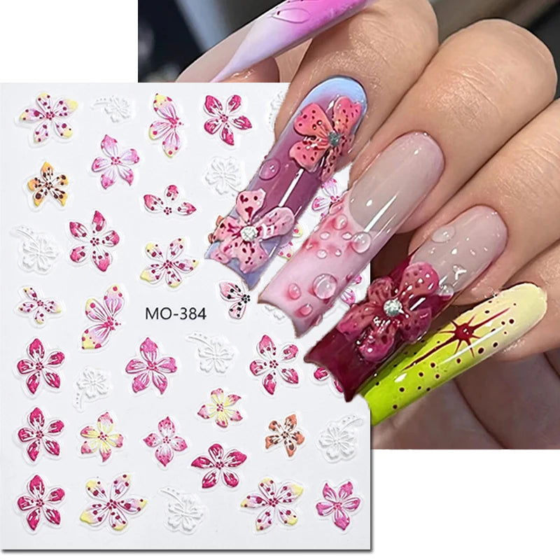 5d Embossed Nail Art Stickers Golden Lines Semi-Transparent Purple Blue Flowers Decals Decorations For Nail Tips Manicures