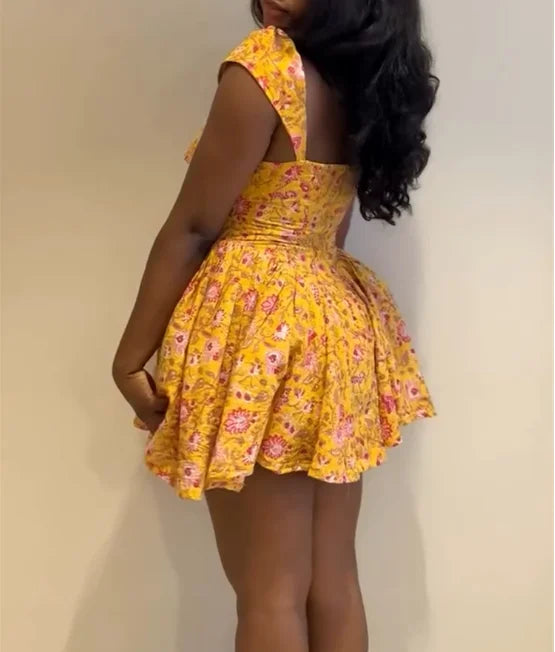 French Midi Dresses U-Neck Flower Print High Waisted A-Line Irregular Short Dresses Women's Summer Elegant Sexy Slim Fit Dress