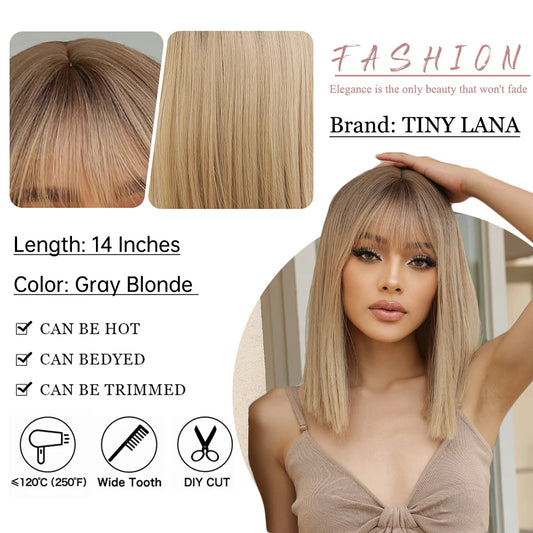 Short Straight Bob Gray Ash Blonde Synthetic Wigs with Bangs Natural Blunt Cut Hair Wig for White Women Daily Heat Resistant