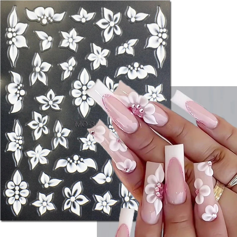 5d Embossed Nail Art Stickers Golden Lines Semi-Transparent Purple Blue Flowers Decals Decorations For Nail Tips Manicures