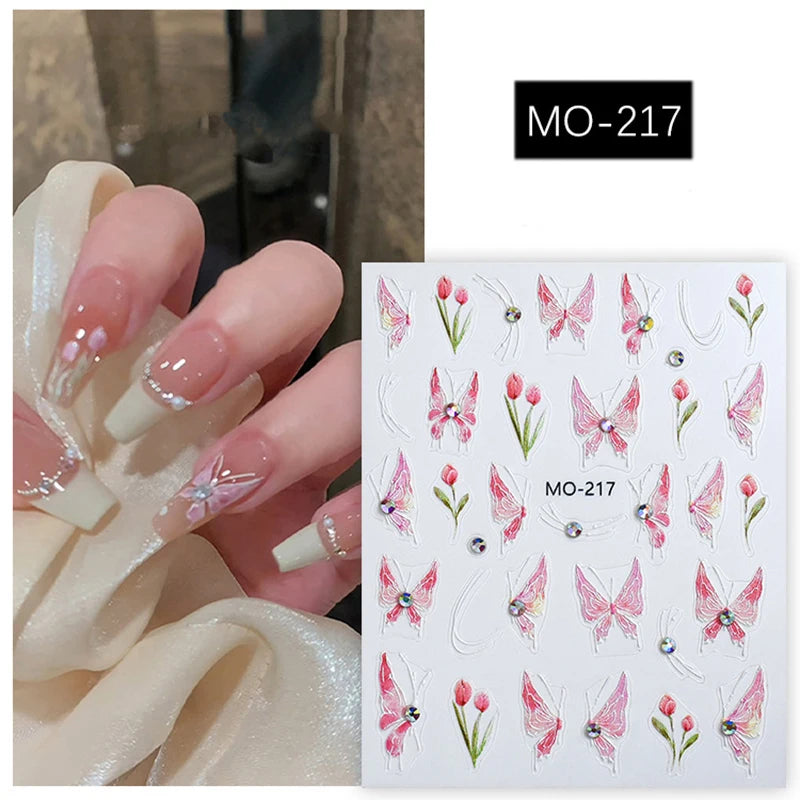 5d Embossed Nail Art Stickers Golden Lines Semi-Transparent Purple Blue Flowers Decals Decorations For Nail Tips Manicures