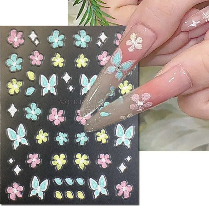 5d Embossed Nail Art Stickers Golden Lines Semi-Transparent Purple Blue Flowers Decals Decorations For Nail Tips Manicures