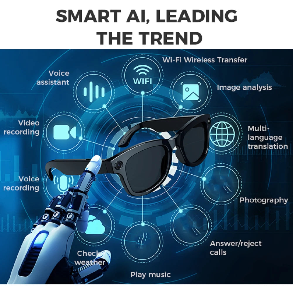 New Music Smart Al Camera Glasses Blue Tooth Glasses HD Call Smart Glasses Waterproof Voice Assistant Anti Blue-Light Sunglasses