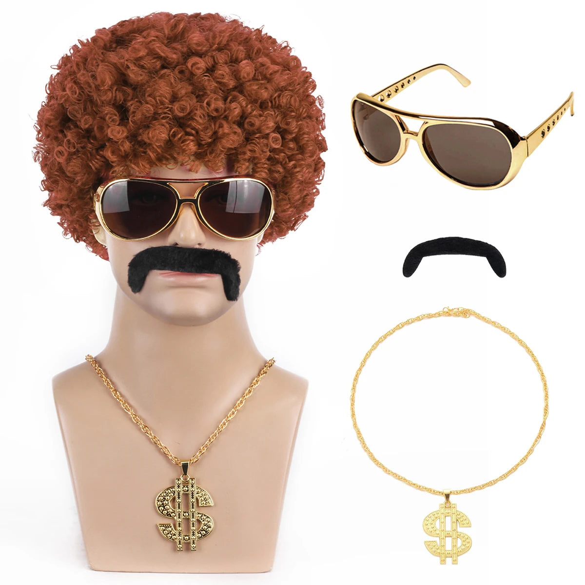 African men's synthetic wig 4-piece set {wig+glasses+necklace+beard} 70s 80s disco costume wig men's natural fluffy short curly