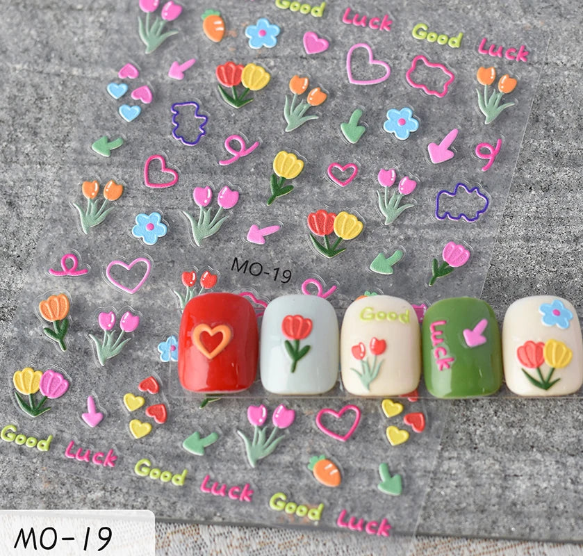 5d Embossed Nail Art Stickers Golden Lines Semi-Transparent Purple Blue Flowers Decals Decorations For Nail Tips Manicures