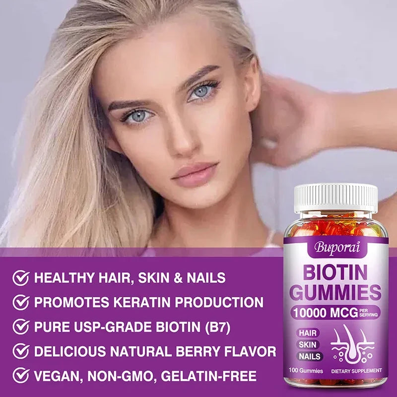 Biotin Gummies 10000mcg - Supports Healthy Hair, Skin and Nails, Boosts Immunity, and Improves Digestion and Absorption