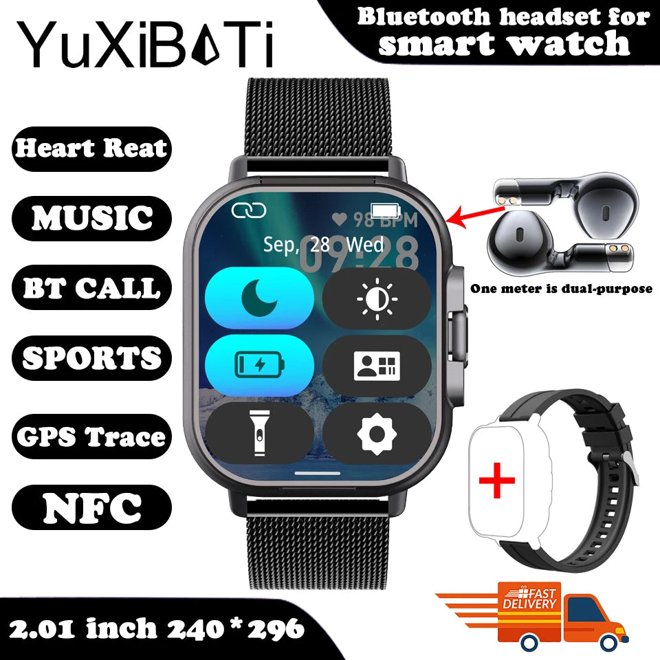 2025 Smart Watch 2 in 1 With Earphone Smartwatch Bluetooth Call NFC Men Watch GPS Track Heart Rate Monitor Play Music SmartWatch