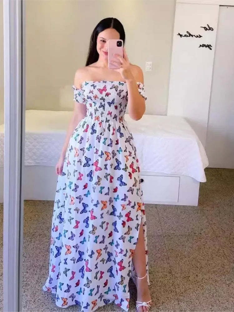 Elegant Off Shoulder Dress Summer Fashion Dresses High Waist Flower Print Short Sleeve Vestidos Robe Clothing