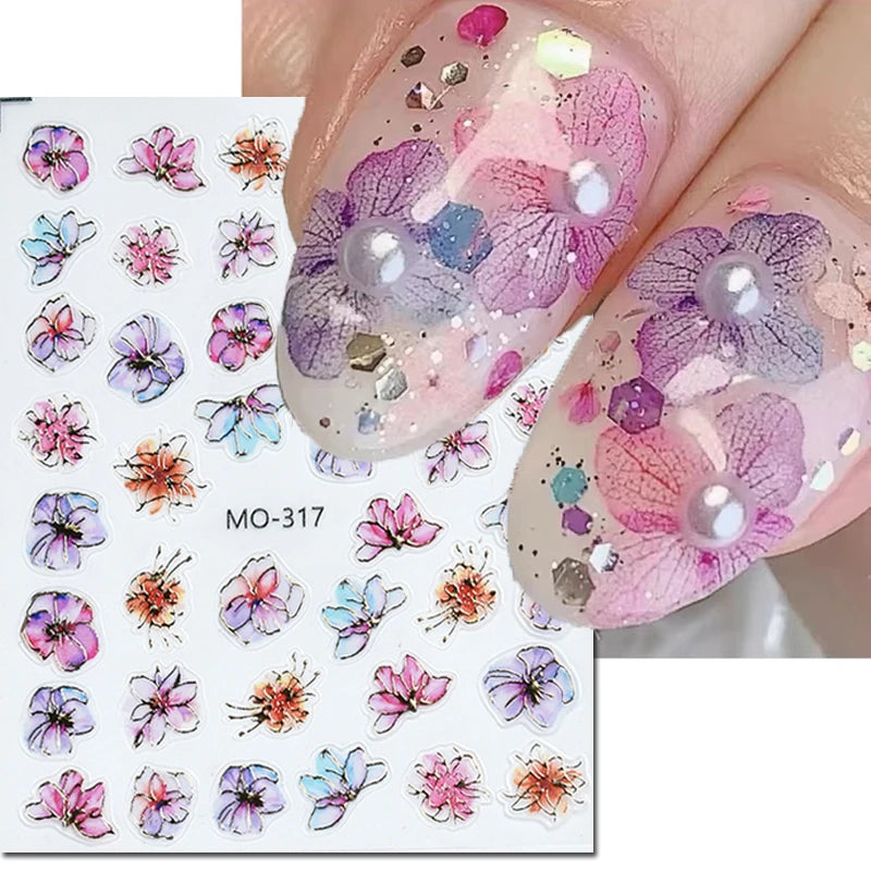 5d Embossed Nail Art Stickers Golden Lines Semi-Transparent Purple Blue Flowers Decals Decorations For Nail Tips Manicures