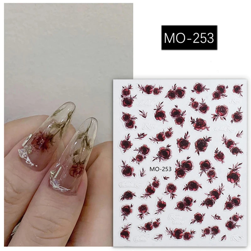 5d Embossed Nail Art Stickers Golden Lines Semi-Transparent Purple Blue Flowers Decals Decorations For Nail Tips Manicures