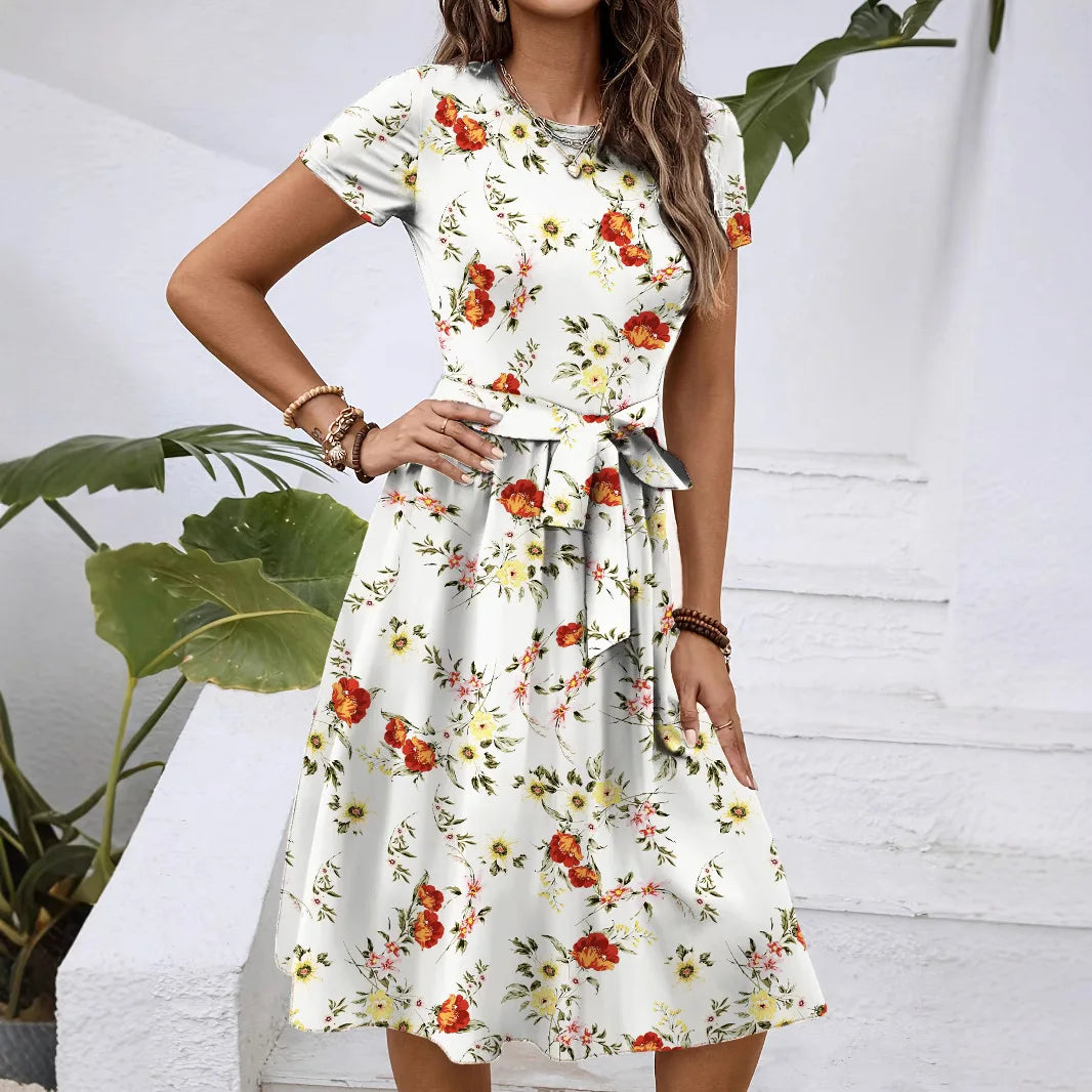 Dresses Women Flower Print Dress Round Collar Short Sleeve Lace Up Tight Waist Vestidos Casual Knee Length A Line 2025 Summer