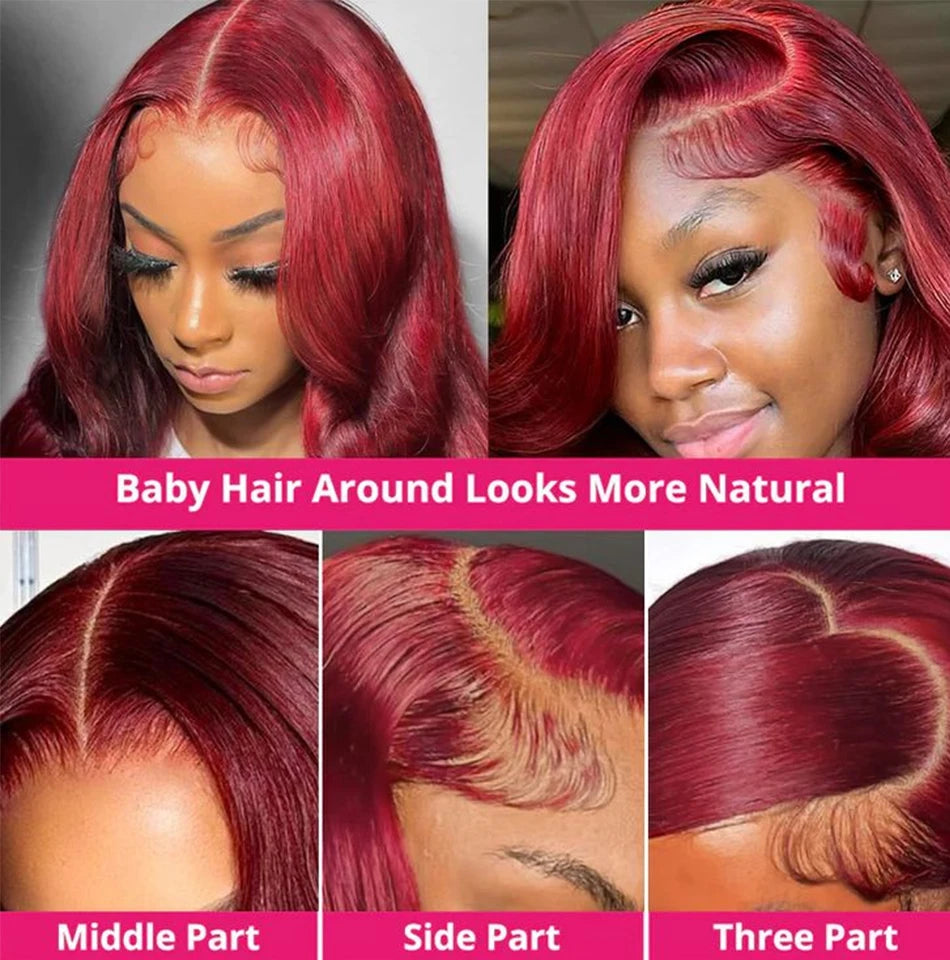 Red 13x6 HD Transparent Bone Straight Lace Frontal Wigs Brazilian Burgundy Colored Human Hair Wigs For Women 38inch Long Wigs