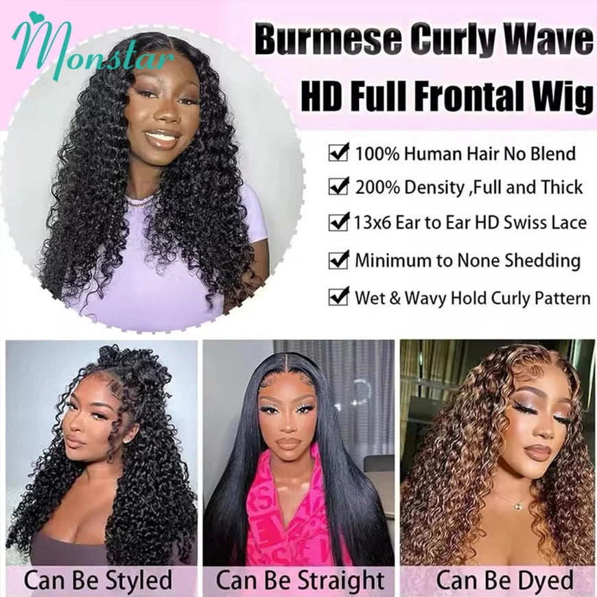 300% Density Burmese Curly Human Hair Wigs 13x4 13x6 HD Full Lace Frontal Wig 100% Human Hair Wigs with Spiral End Natural Black