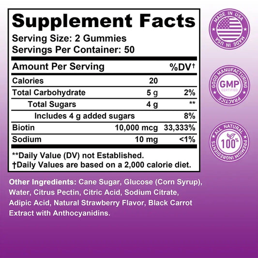 Biotin Gummies 10000mcg - Supports Healthy Hair, Skin and Nails, Boosts Immunity, and Improves Digestion and Absorption