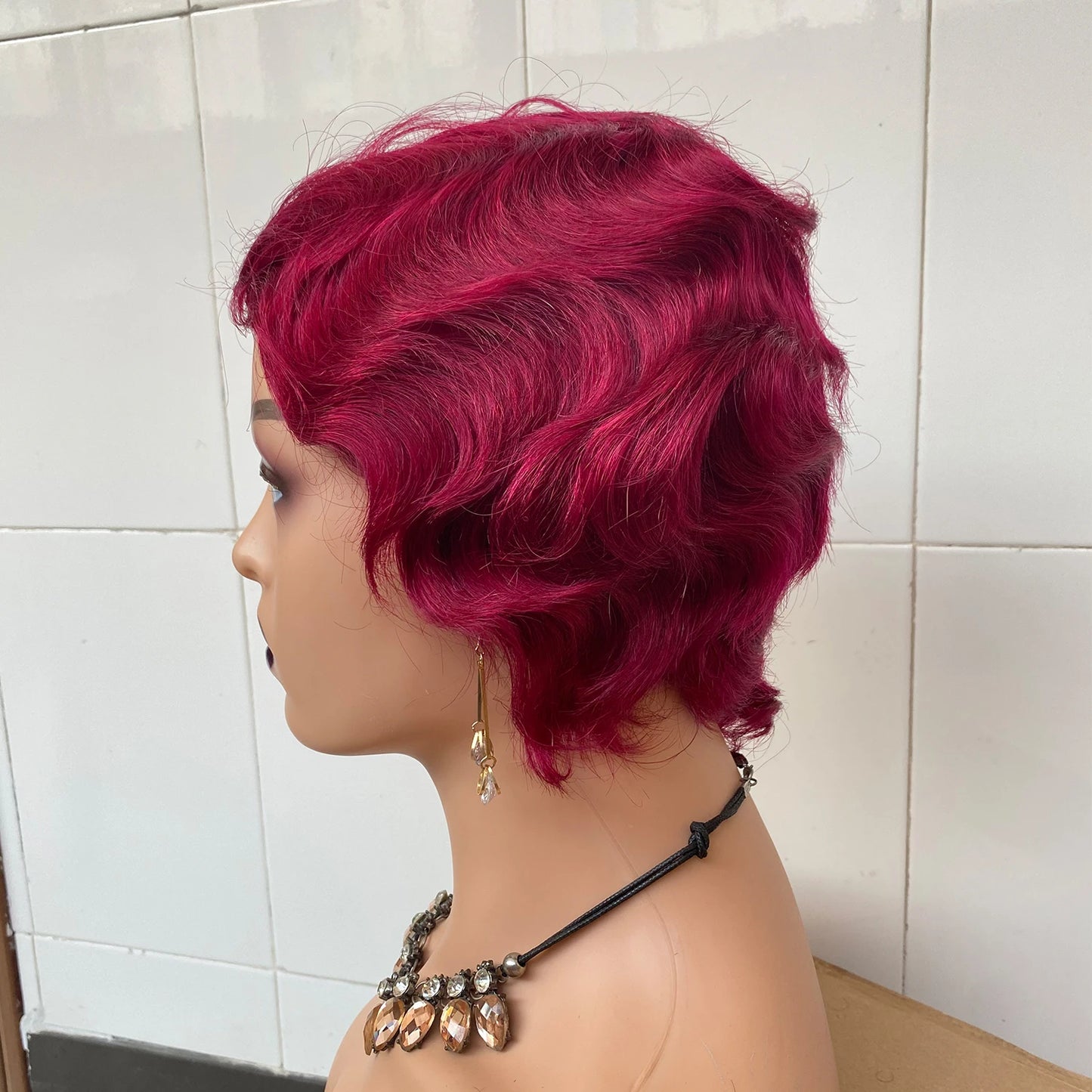 Short Finger Wave Wig Brazilian Human Hair Wig For Women Brown Short Ocean Wave Wig Peruca Burgundy Pixie Cut Machine Wigs