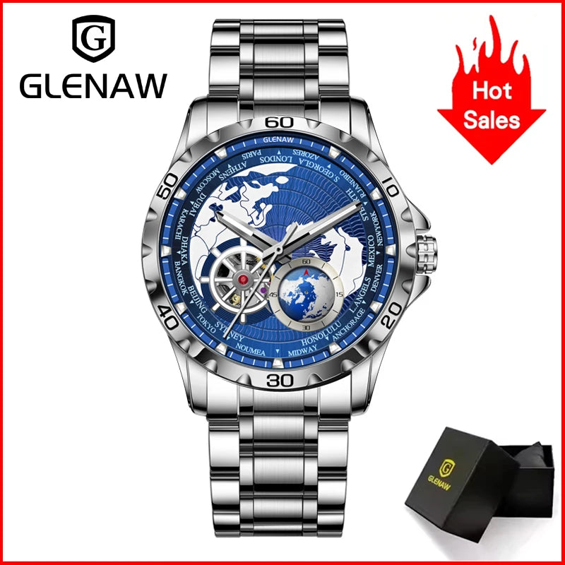GLENAW 2025 New Earth Series Mechanical Watch Men Rotating Earth Dial Night Light Waterproof Top Luxury Design Mechanical Watch