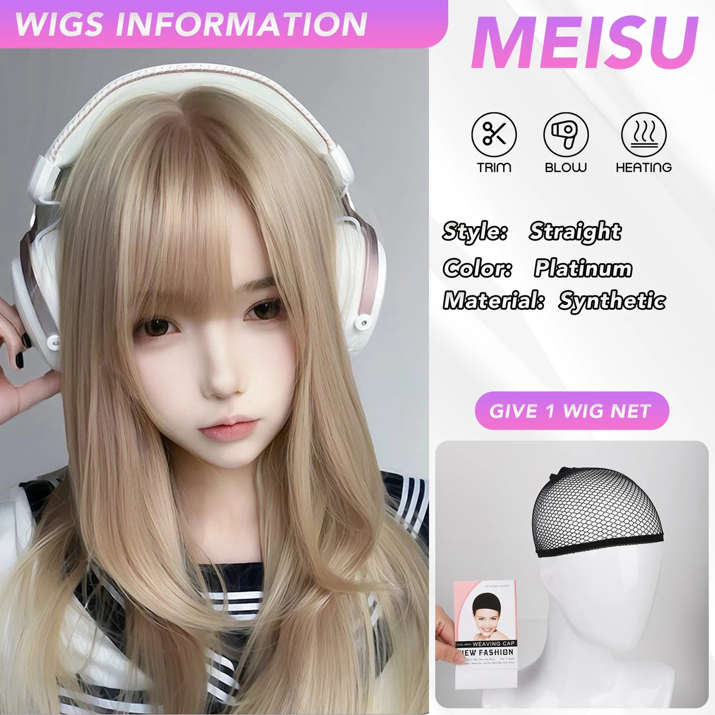 MEISU 24 Inch Synthetic Long Straight Bangs Wig Platinum Layered Fiber Heat-Resistant Natural Smooth Hair Party For Women