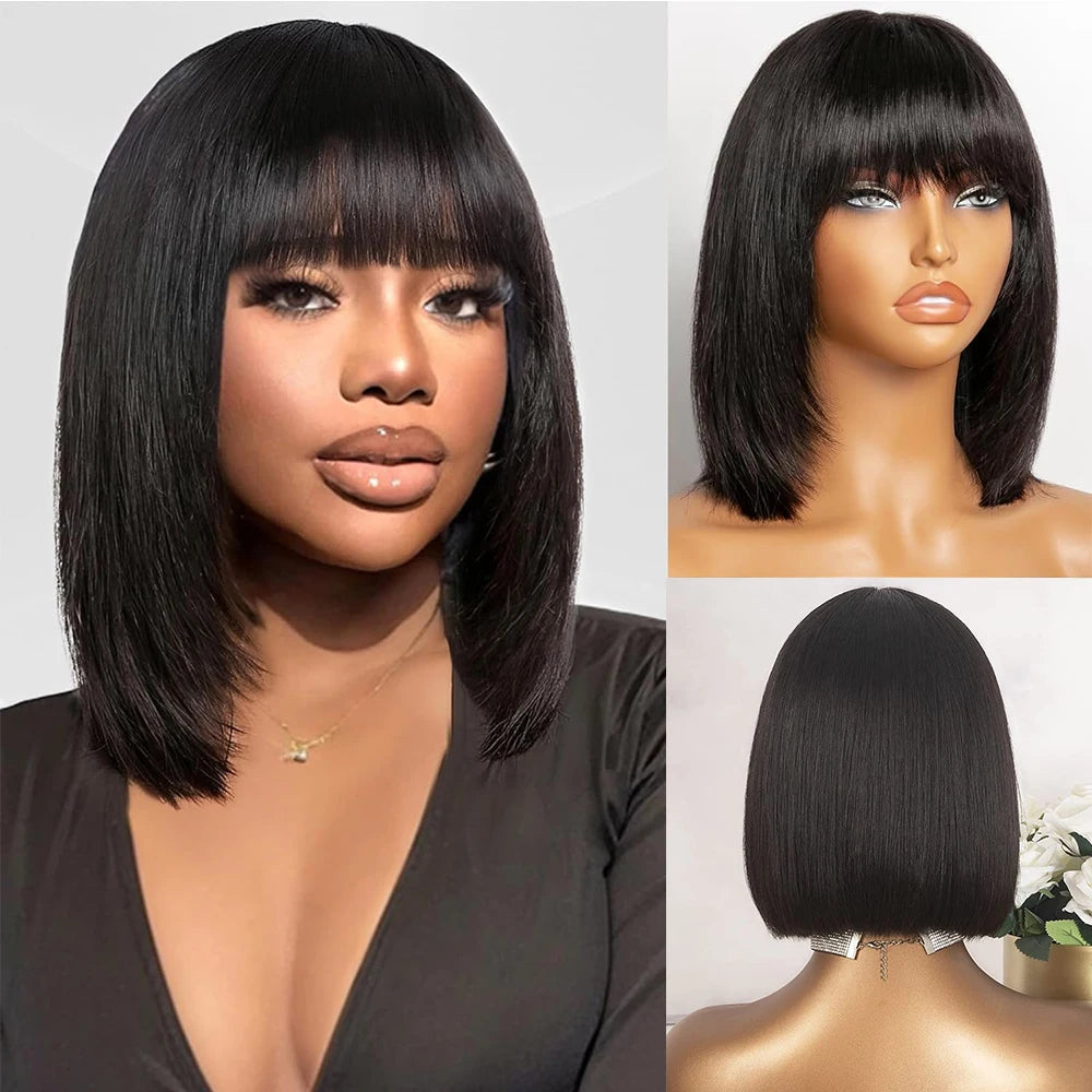 Short 13X4 Lace Front Bob Wig Human Hair Wigs Straight Frontal Bob Wig Glueless Wig Ready To Wear Go Machine Made Wig With Bangs
