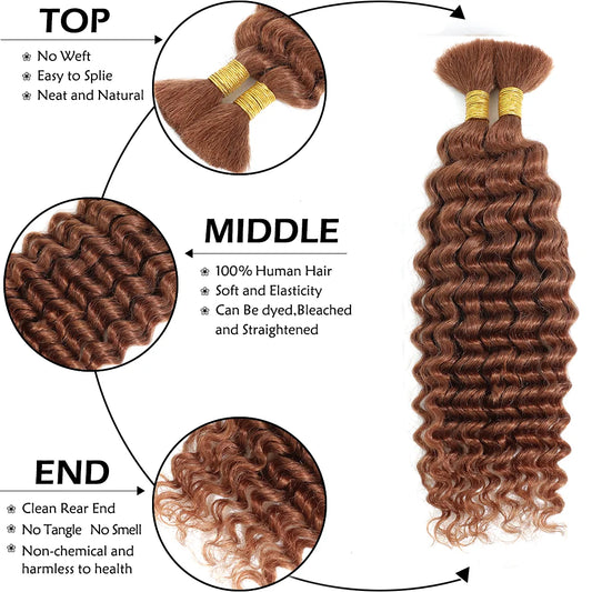 30# Chocolate Brown Deep Wave Bulk 100G 2 Bundles Human Hair for Boho Braids Curly Braiding Hair 14-24 inch Remy Hair Brazilian