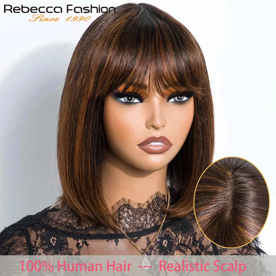 Human Hair Straight Bob Lace Wigs Straight Human Hair Wigs With Bangs #27 Brown Fringe Middle Part Bob Lace Wigs Realistic Scalp