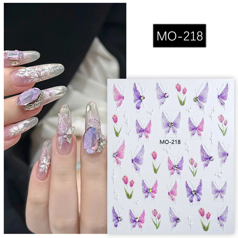 5d Embossed Nail Art Stickers Golden Lines Semi-Transparent Purple Blue Flowers Decals Decorations For Nail Tips Manicures