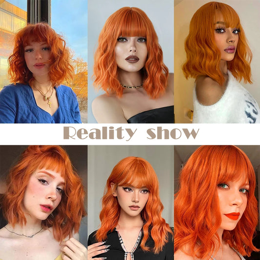 Short Curly Bob Cut Synthetic Wigs with Bangs Light Ginger Orange Water Wave Wig for Black White Women Halloween Heat Resistant