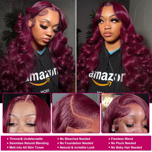 34Inchs Body Wave Burgundy Human Hair Wigs 99J Colored Transparent 13x6 Hd Lace Frontal Wig Brazilian Water Wavy Wigs For Women