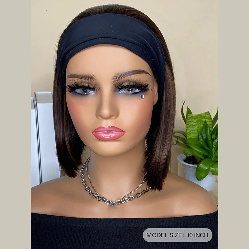 10 inch short headband bob wig, short straight hair high temperature resistant fashion turban synthetic wig brown mix black