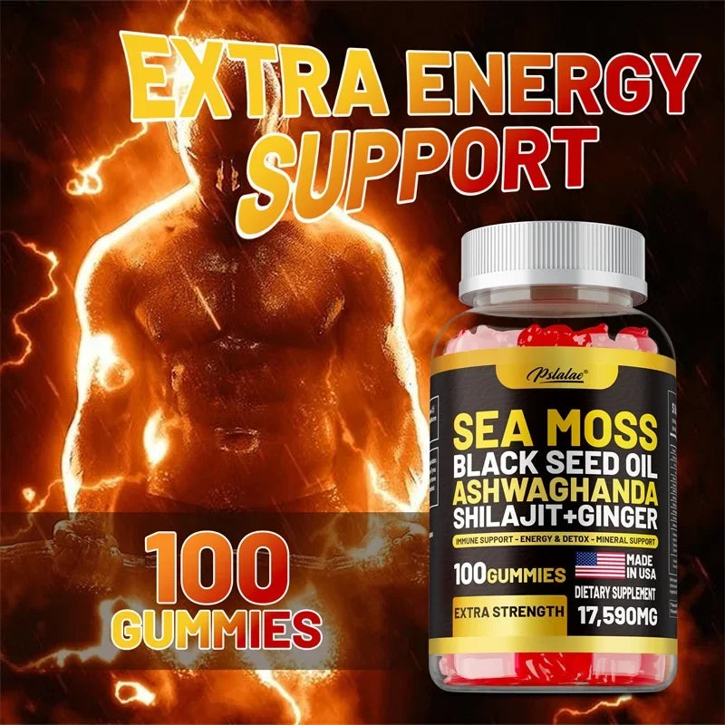 Sea Moss, Black Seed Oil, Ashwagandha, Ginger, Shilajit Gummies - Boosts Energy, Skin, Joints & Immunity