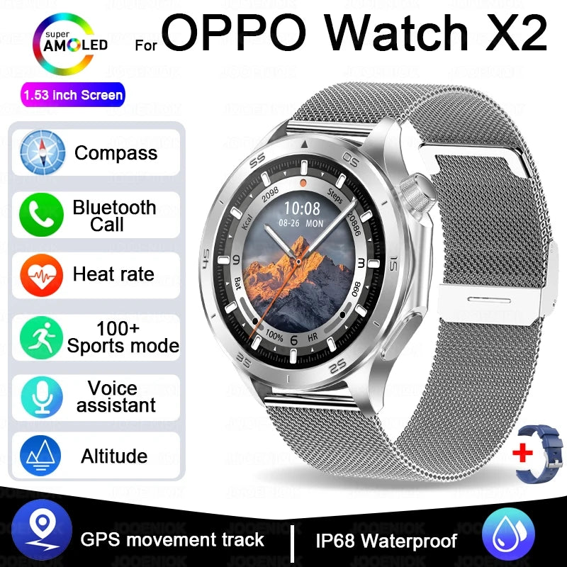 2025 New For OPPO X2 Men's Smartwatch IP67 Waterproof Compass Sports Partner Message Push Bluetooth Call Music Smart Watch