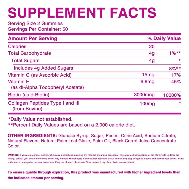 Hair Skin Nails Gummies - Increases Skin Elasticity, Skin Beauty, Promotes Hair Growth, Supports Healthy Hair, Skin, and Nails