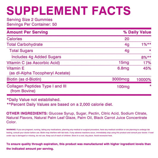 Hair Skin Nails Gummies - Increases Skin Elasticity, Skin Beauty, Promotes Hair Growth, Supports Healthy Hair, Skin, and Nails