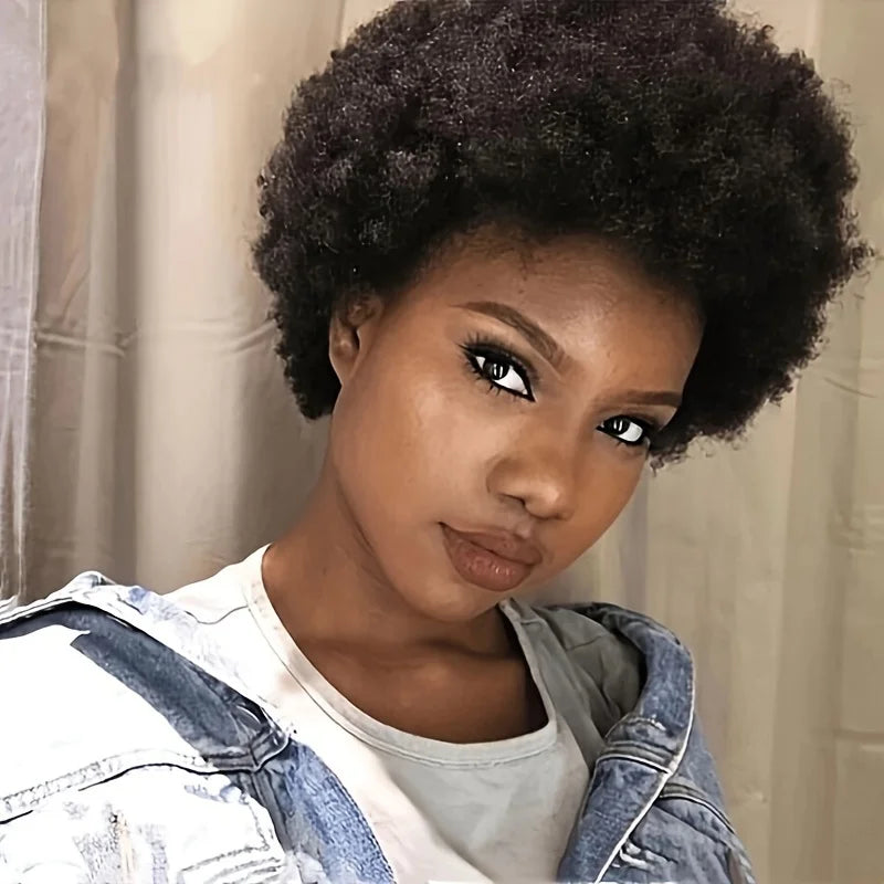 Afro Kinky Curly Wig - Human Hair, Fluffy - Natural Looking, Effortlessly Stylish for Women Machine Made