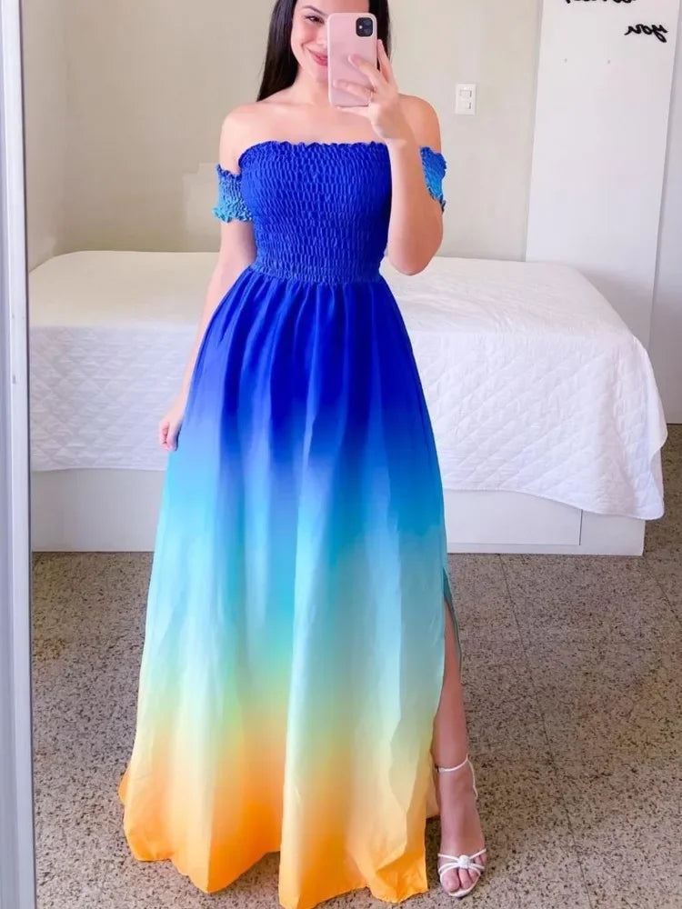 Elegant Off Shoulder Dress Summer Fashion Dresses High Waist Flower Print Short Sleeve Vestidos Robe Clothing