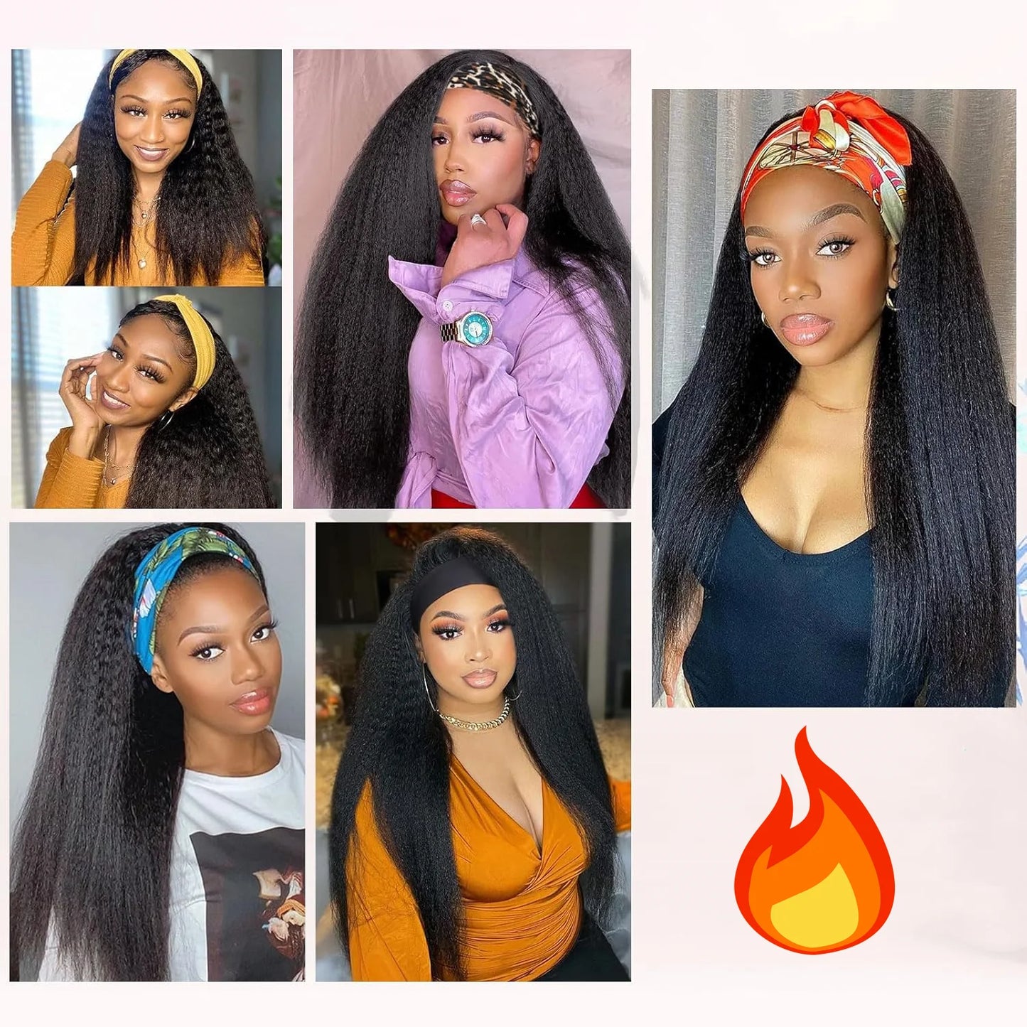 Long Kinky Straight Hair Wigs for Black Women, Synthetic Headband Wig, Hair Band Attached Half Wig, Full Machine Made, None Lace