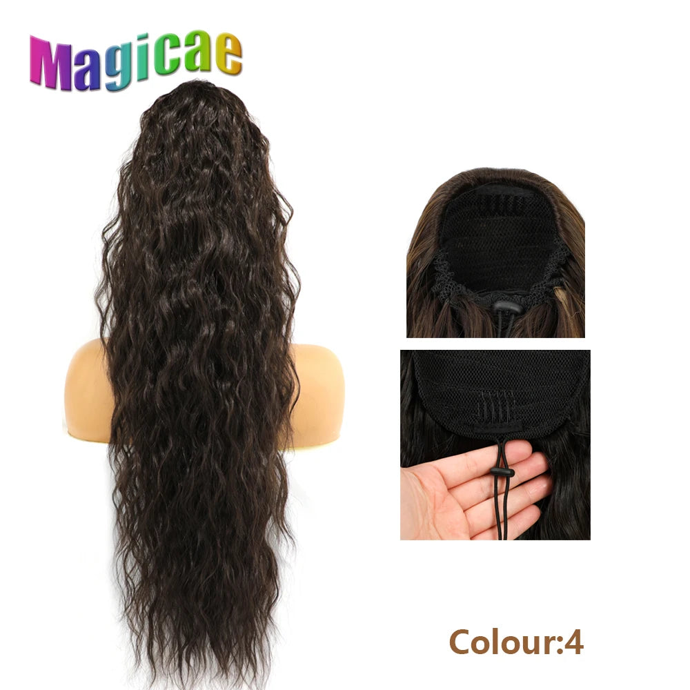 Magicae Long Synthetic Water wave Ponytail Heat resistant Hairpiece Drawstring Hair Clip Ombre Brown Blonde Hair Extensions Pony