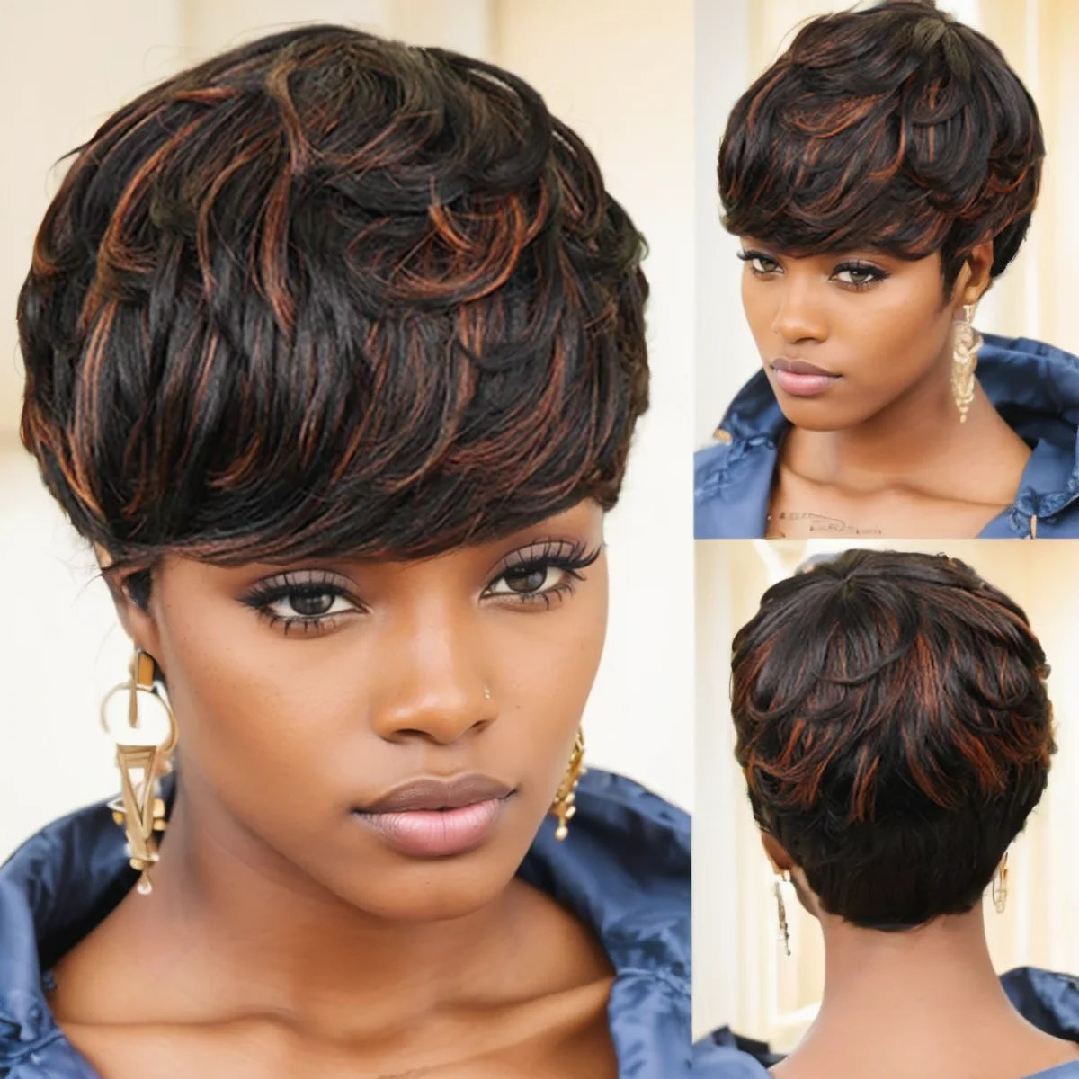 WIGERA Highlight Synthetic Wigs Short Straight Pixie Cut Hair Bob Wig Honey Gold Mix Black Hair For Woman